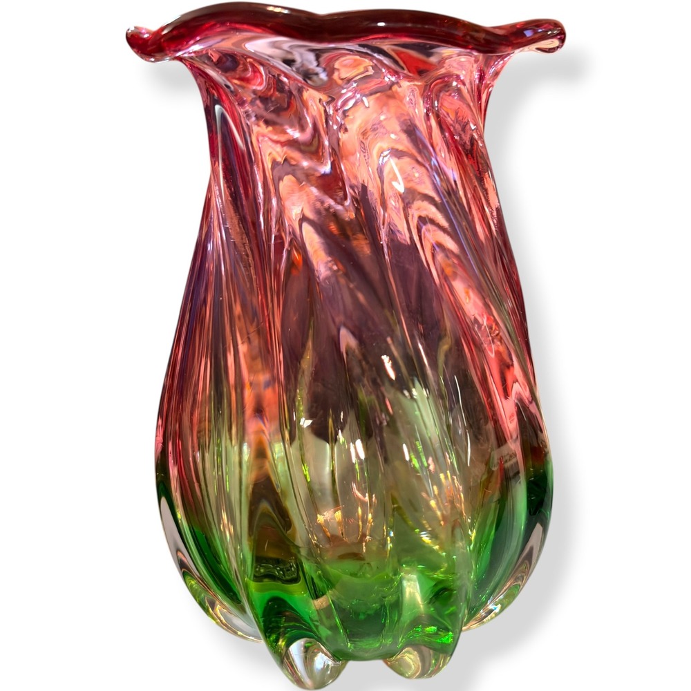 Vintage Teleflora Watermelon Art Glass Vase Hand Blown Pink Green Ruffled Rim